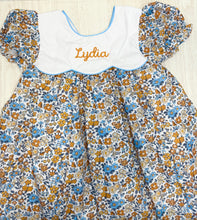 Load image into Gallery viewer, Sutton Bow Back Fall Floral Blues and Orange Dress