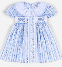 Load image into Gallery viewer, Blue Floral Handsmocked Bow Dress