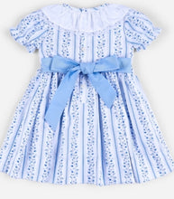 Load image into Gallery viewer, Blue Floral Handsmocked Bow Dress