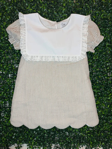 Tan Seersucker Scallop Trim Dress